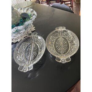 Relish Divided Glass Dishes Pressed  with Scalloped Rim Starbursts Two